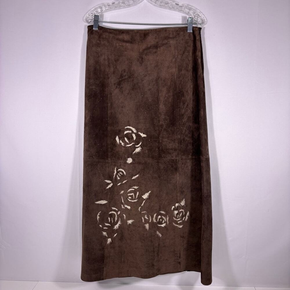 Tristan & Iseut Brown Floral Leather Maxi Skirt Size 10 1279
